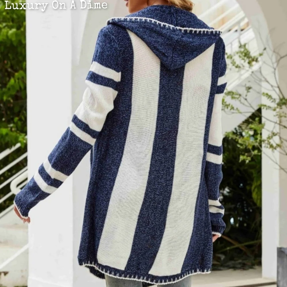 Long Hooded Oversized Knit Open Front Drape Cardigan Handkerchief Bohemian Chic - Picture 12 of 14